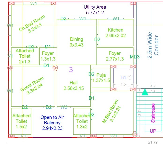 Floor plan of 2 BHK 1474 Sq. Ft. Apartment in GJC Flora, Hyderabad