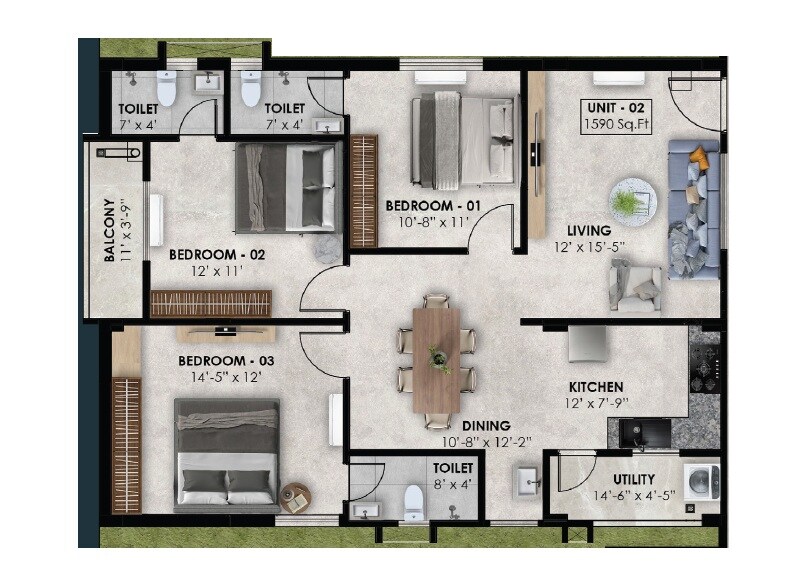 Floor plan of 3 BHK 1590 Sq. Ft. Apartment in GK Green Haven, Hyderabad