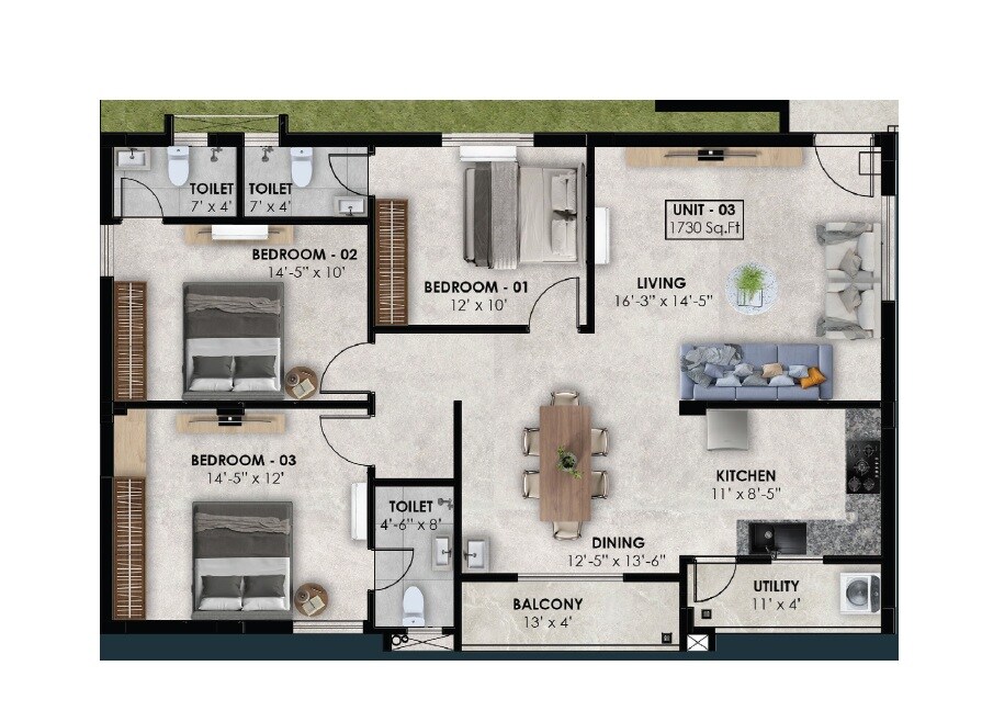 Floor plan of 3 BHK 1730 Sq. Ft. Apartment in GK Green Haven, Hyderabad