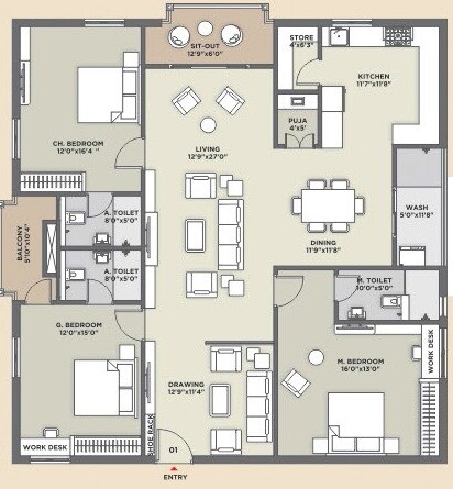 Floor plan of 3 BHK 2088 Sq. Ft. Apartment in GK Casa Grande, Hyderabad