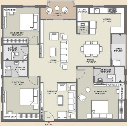 Floor plan of 3 BHK 2475 Sq. Ft. Apartment in GK Casa Grande, Hyderabad