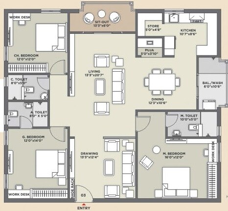 Floor plan of 4 BHK 2808 Sq. Ft. Apartment in GK Casa Grande, Hyderabad