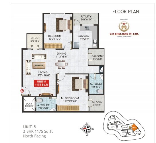 Floor plan of 2 BHK 1175 Sq. Ft. Apartment in Gk Tower, Hyderabad