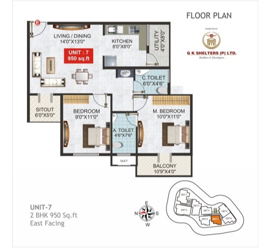 Floor plan of 2 BHK 950 Sq. Ft. Apartment in Gk Tower, Hyderabad