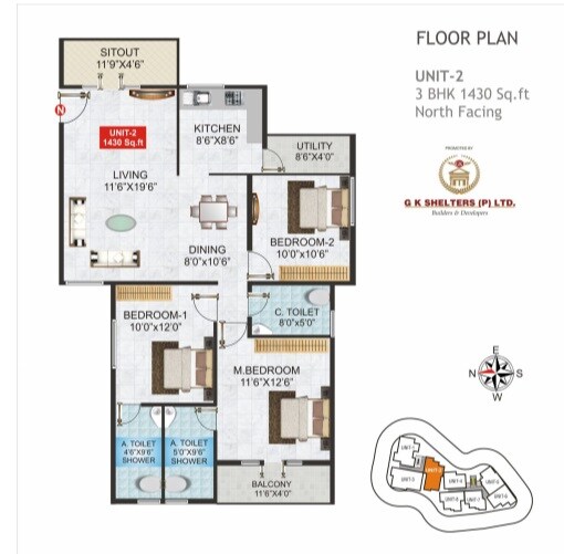 Floor plan of 3 BHK 1430 Sq. Ft. Apartment in Gk Tower, Hyderabad