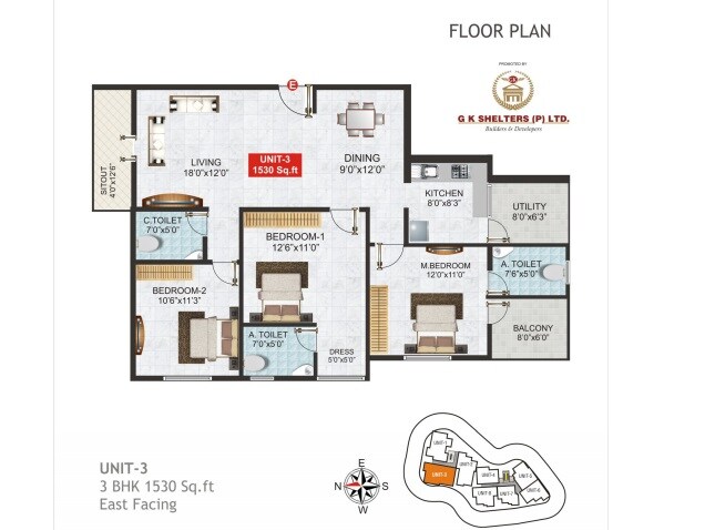 Floor plan of 3 BHK 1530 Sq. Ft. Apartment in Gk Tower, Hyderabad