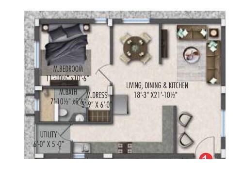 Floor plan of 1 BHK 970 Sq. Ft. Apartment in GKRS Bliss, Hyderabad