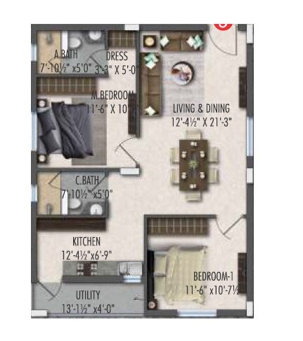 Floor plan of 2 BHK 1132 Sq. Ft. Apartment in GKRS Bliss, Hyderabad