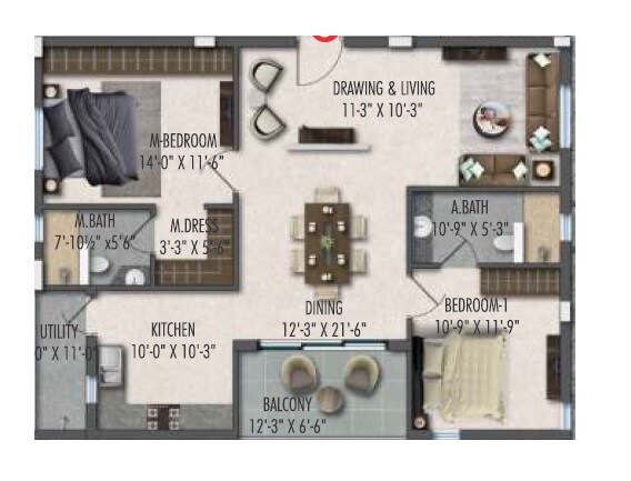 Floor plan of 2 BHK 1511 Sq. Ft. Apartment in GKRS Bliss, Hyderabad