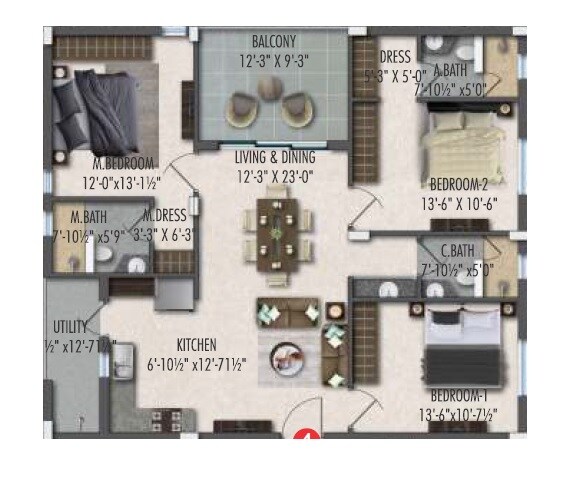 Floor plan of 3 BHK 1730 Sq. Ft. Apartment in GKRS Bliss, Hyderabad