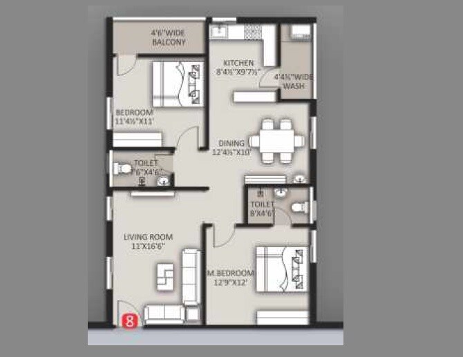 Floor plan of 2 BHK 1220 Sq. Ft. Apartment in GKs Zenith, Hyderabad