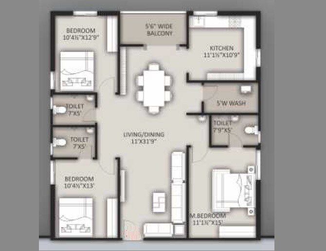 Floor plan of 3 BHK 1460 Sq. Ft. Apartment in GKs Zenith, Hyderabad