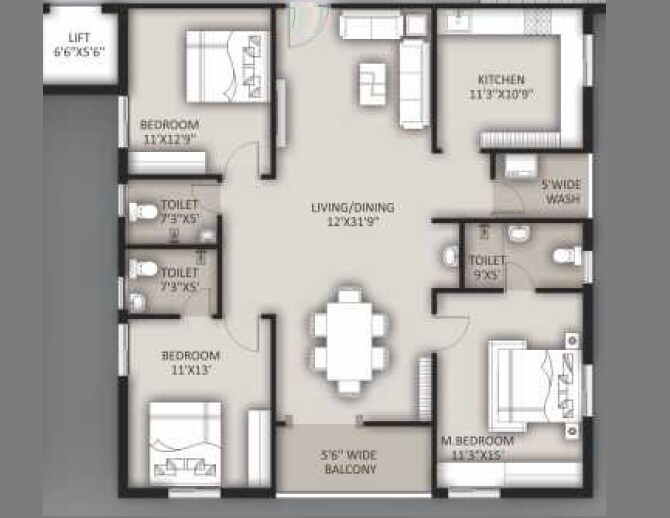 Floor plan of 3 BHK 1910 Sq. Ft. Apartment in GKs Zenith, Hyderabad