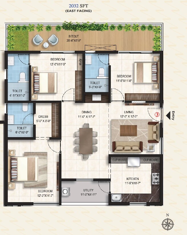 Floor plan of 3 BHK 2032 Sq. Ft. Apartment in Glentree Onyx, Hyderabad