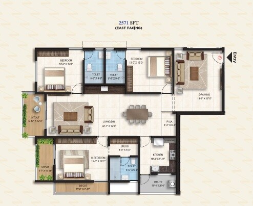 Floor plan of 3 BHK 2571 Sq. Ft. Apartment in Glentree Onyx, Hyderabad