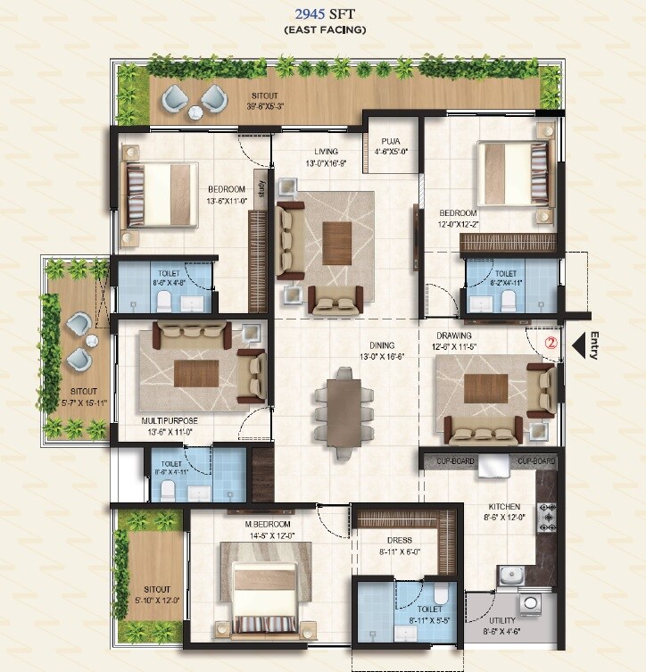 Floor plan of 4 BHK 2945 Sq. Ft. Apartment in Glentree Onyx, Hyderabad