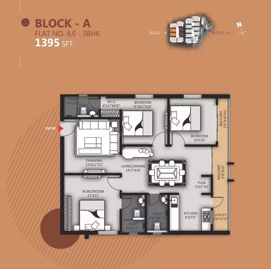 Floor plan of 3 BHK 1395 Sq. Ft. Apartment in GNR Vasavi Nirvana, Hyderabad
