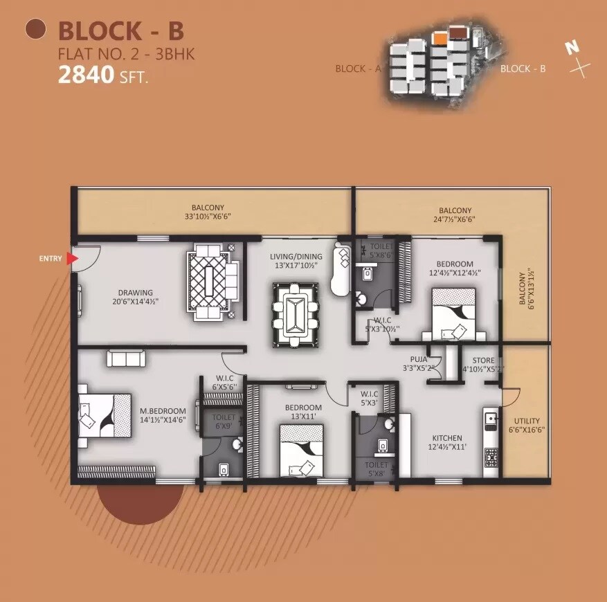 Floor plan of 3 BHK 2840 Sq. Ft. Apartment in GNR Vasavi Nirvana, Hyderabad