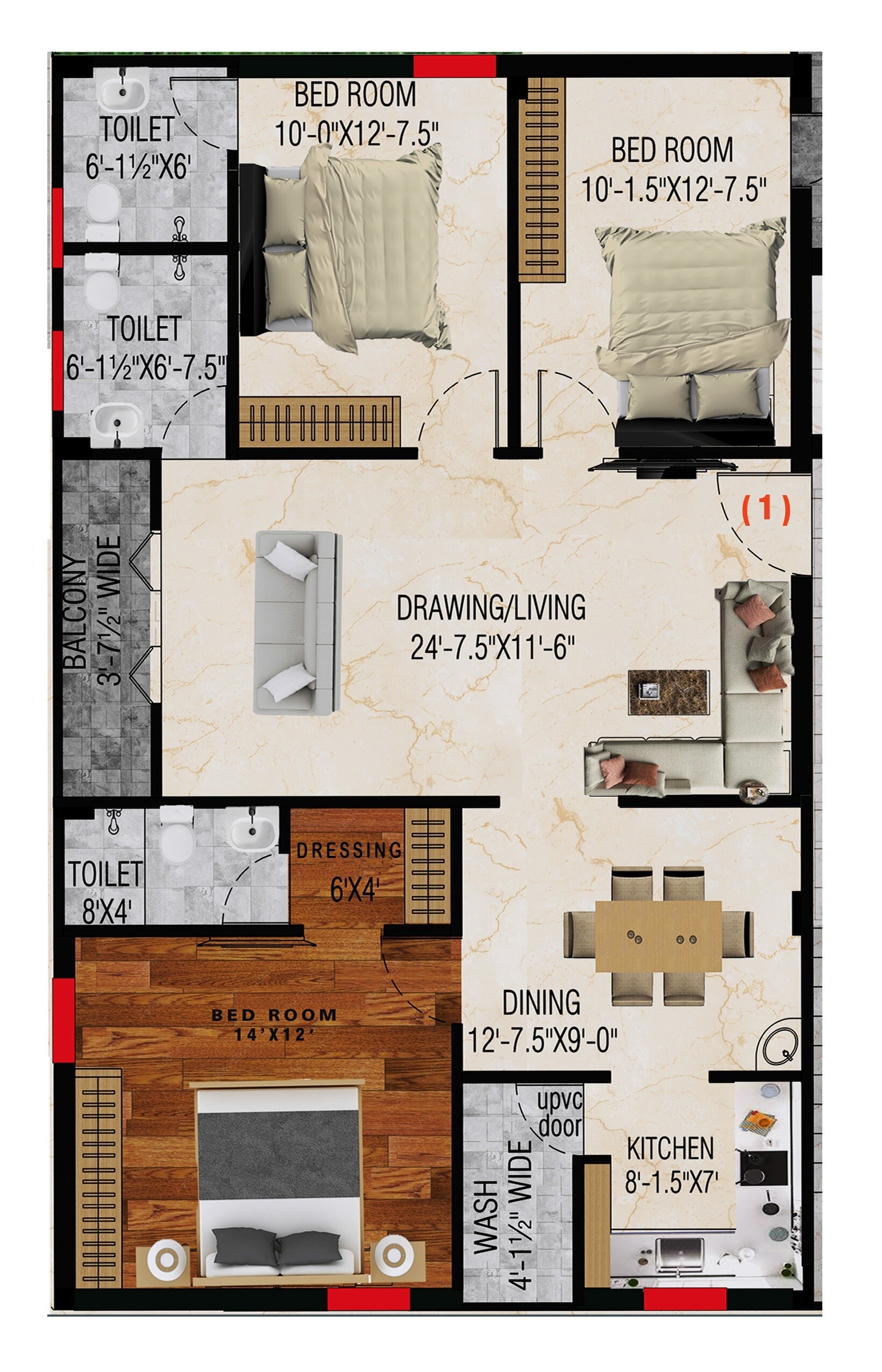 Floor plan of 3 BHK 1600 Sq. Ft. Apartment in Go Green Chandra Vihaar, Hyderabad