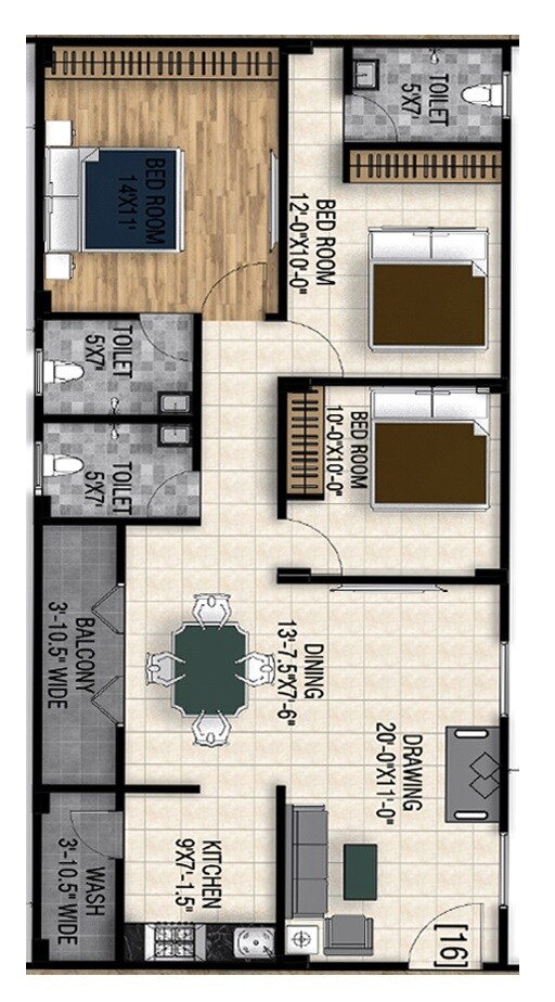 Floor plan of 3 BHK 1351 Sq. Ft. Apartment in Go Green Paradise, Hyderabad