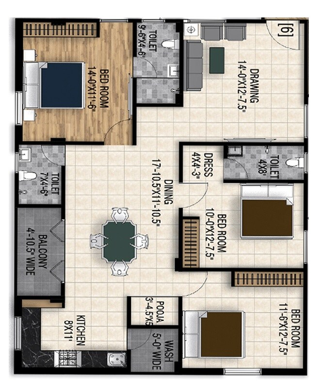 Floor plan of 3 BHK 1591 Sq. Ft. Apartment in Go Green Paradise, Hyderabad