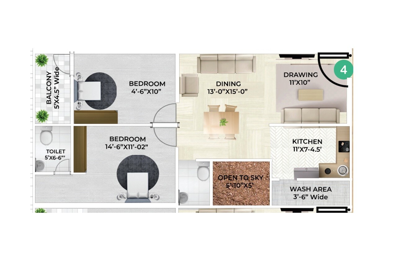 Floor plan of 2 BHK 1180 Sq. Ft. Apartment in Go Green Tristar Residency, Hyderabad