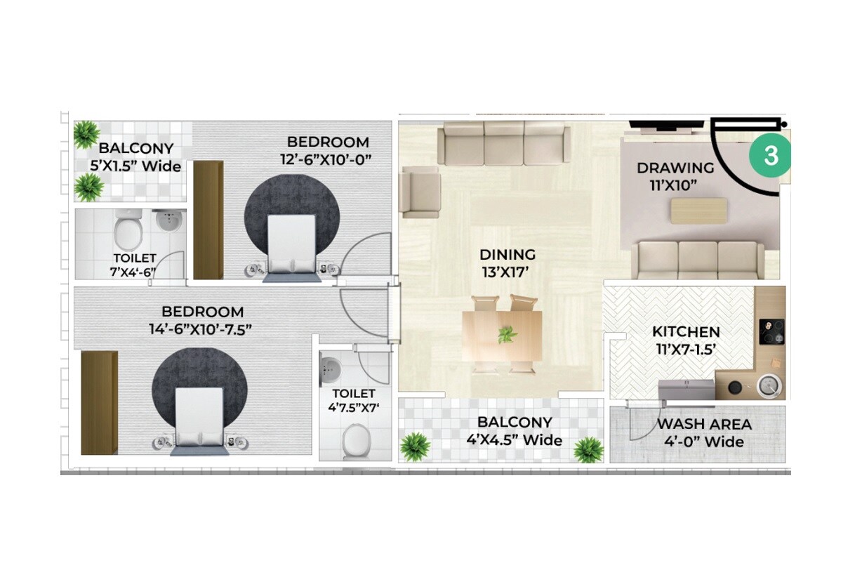 Floor plan of 2 BHK 1250 Sq. Ft. Apartment in Go Green Tristar Residency, Hyderabad