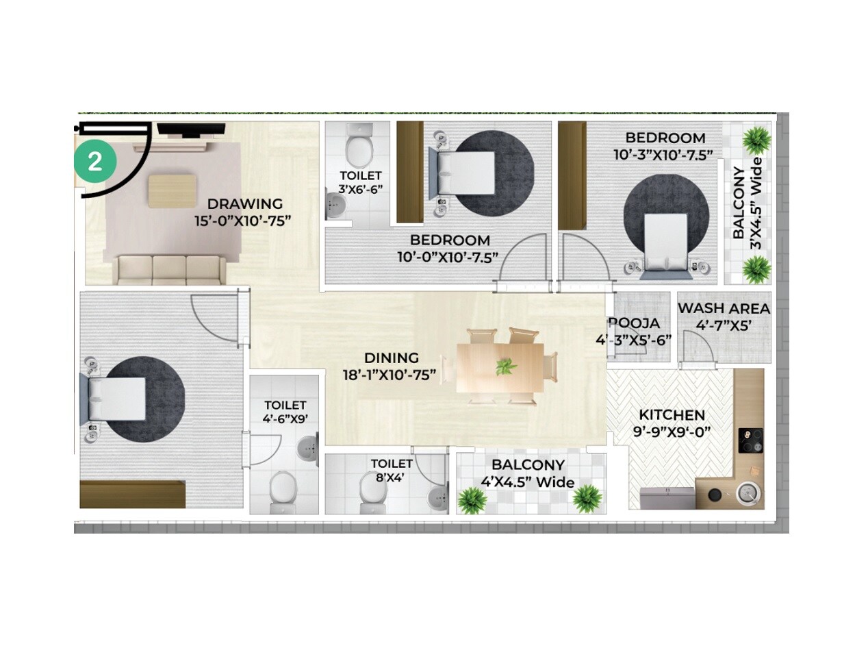 Floor plan of 3 BHK 1475 Sq. Ft. Apartment in Go Green Tristar Residency, Hyderabad