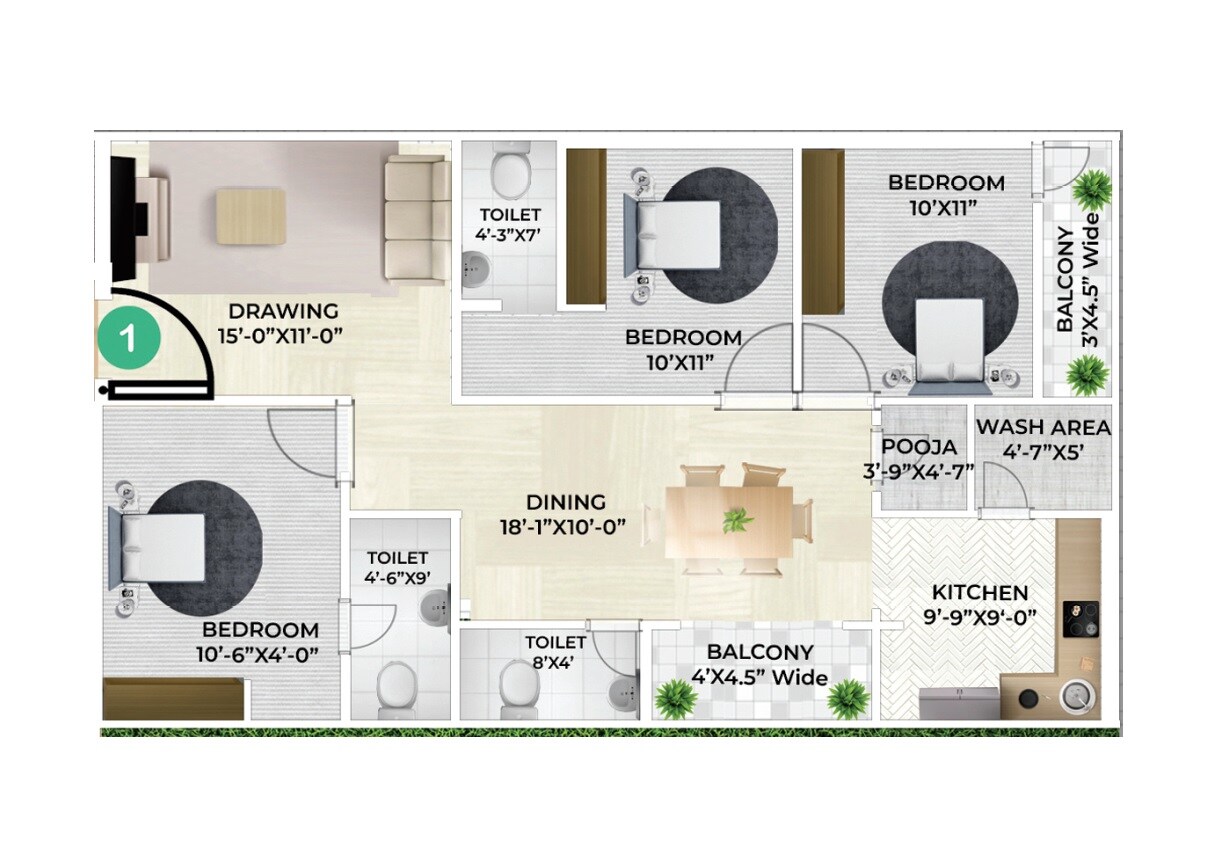 Floor plan of 3 BHK 1480 Sq. Ft. Apartment in Go Green Tristar Residency, Hyderabad