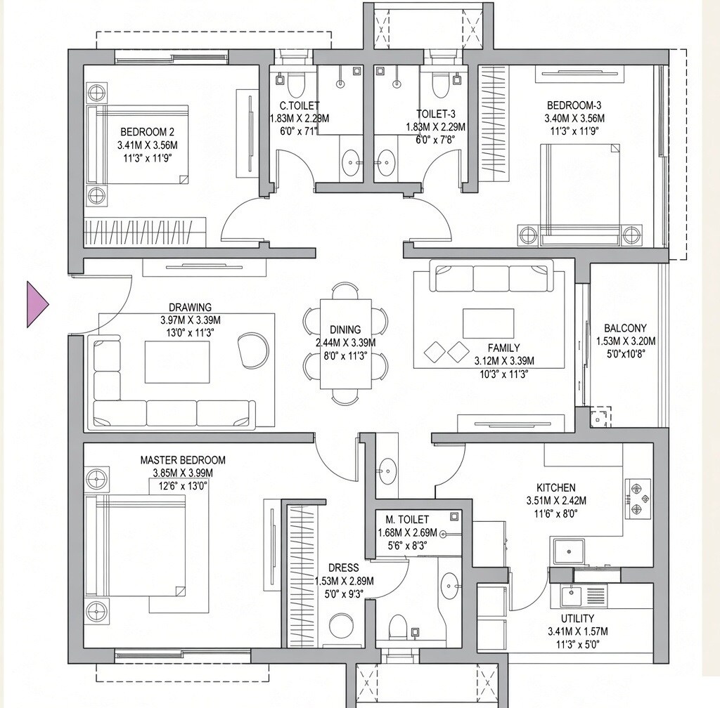3 BHK 1960 Sq. Ft. Apartment