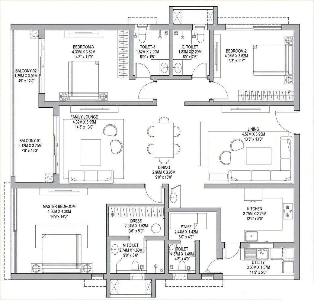 Floor plan of 3 BHK 2700 Sq. Ft. Apartment in Godrej Epoque, Hyderabad