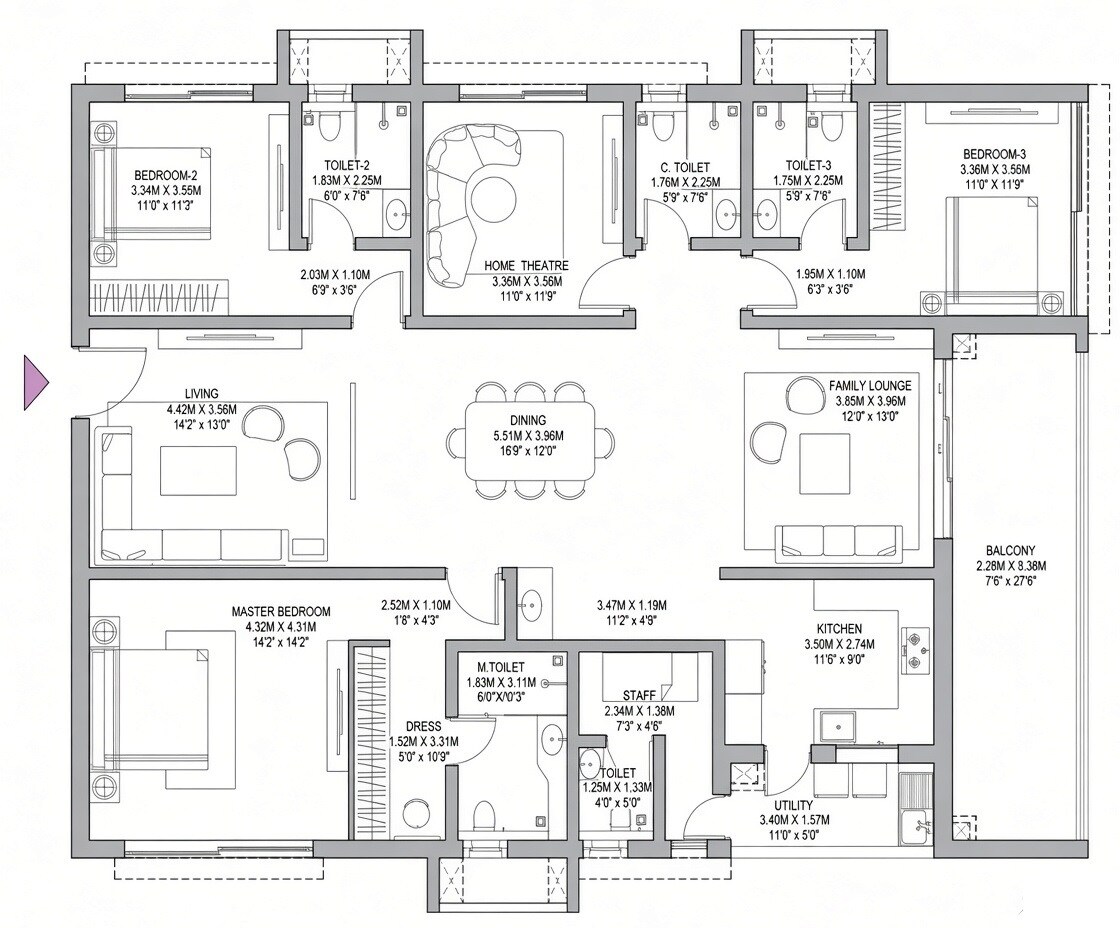 Floor plan of 3 BHK 3100 Sq. Ft. Apartment in Godrej Epoque, Hyderabad