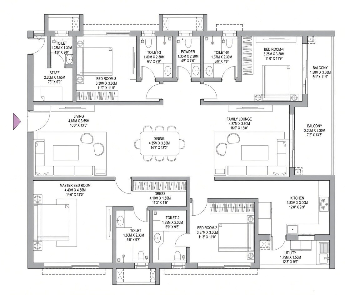 Floor plan of 4 BHK 3200 Sq. Ft. Apartment in Godrej Epoque, Hyderabad