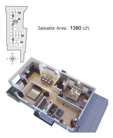 Floor plan of 2 BHK 1360 Sq. Ft. Apartment in Gokuls Bhuvanam, Hyderabad