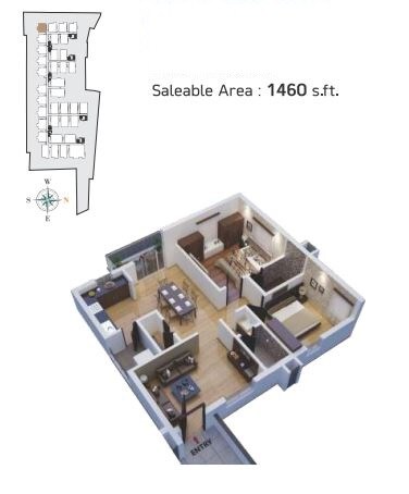 Floor plan of 2 BHK 1460 Sq. Ft. Apartment in Gokuls Bhuvanam, Hyderabad