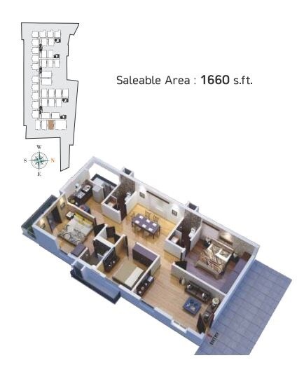 Floor plan of 3 BHK 1660 Sq. Ft. Apartment in Gokuls Bhuvanam, Hyderabad
