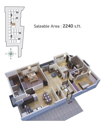 Floor plan of 3 BHK 2240 Sq. Ft. Apartment in Gokuls Bhuvanam, Hyderabad
