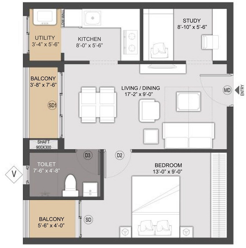 1 BHK 725 Sq. Ft. Apartment