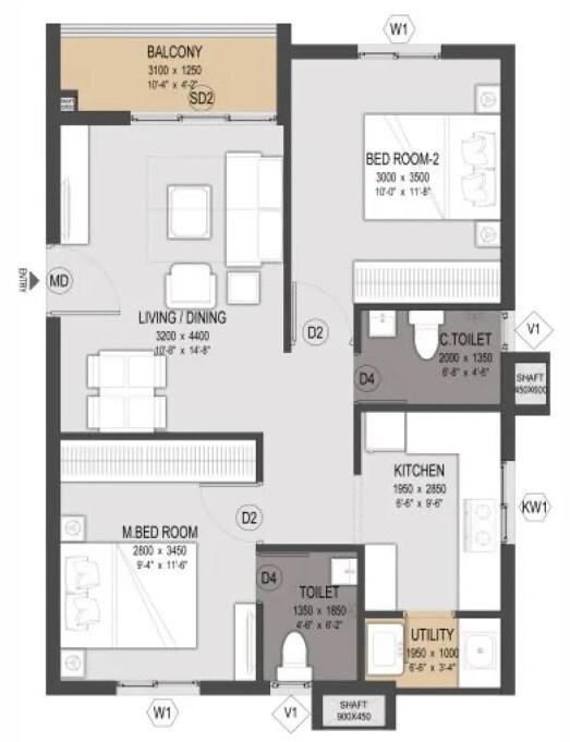 2 BHK 904 Sq. Ft. Apartment