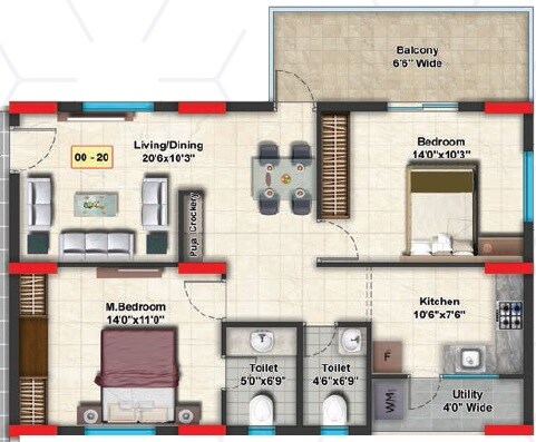 Floor plan of 2 BHK 1162 Sq. Ft. Apartment in Golden Key Mayura Sriven, Hyderabad
