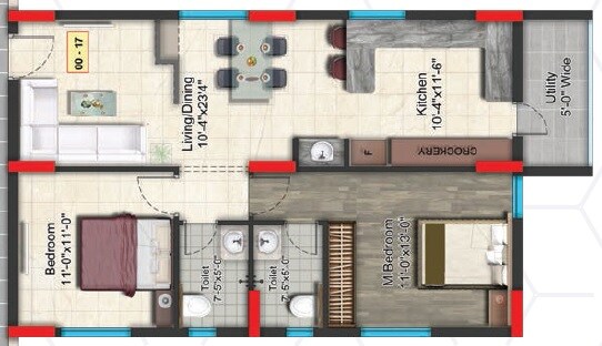 Floor plan of 2 BHK 1246 Sq. Ft. Apartment in Golden Key Mayura Sriven, Hyderabad