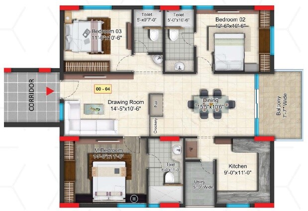 Floor plan of 3 BHK 1688 Sq. Ft. Apartment in Golden Key Mayura Sriven, Hyderabad