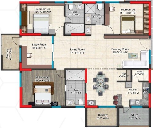 Floor plan of 3 BHK 2460 Sq. Ft. Apartment in Golden Key Mayura Sriven, Hyderabad