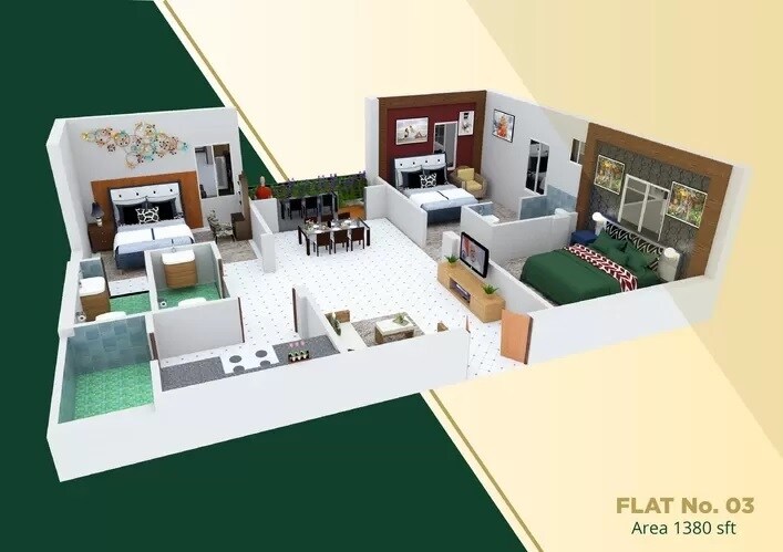 Floor plan of 3 BHK 1380 Sq. Ft. Apartment in Goldenkey Krishi, Hyderabad