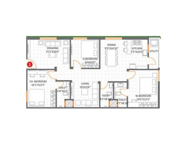 Floor plan of 3 BHK 1658 Sq. Ft. Apartment in Goldfish Vyoma, Hyderabad