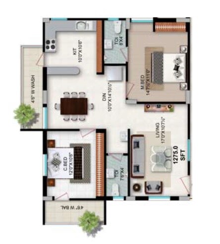 Floor plan of 2 BHK 1275 Sq. Ft. Apartment in Goldstone Maple Homes Jasmine, Hyderabad