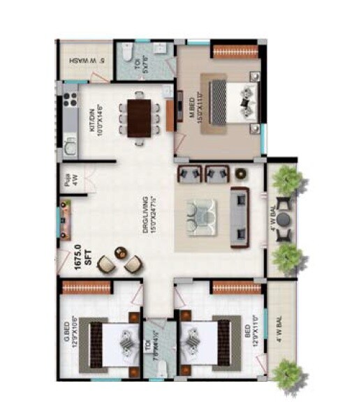 Floor plan of 3 BHK 1675 Sq. Ft. Apartment in Goldstone Maple Homes Jasmine, Hyderabad