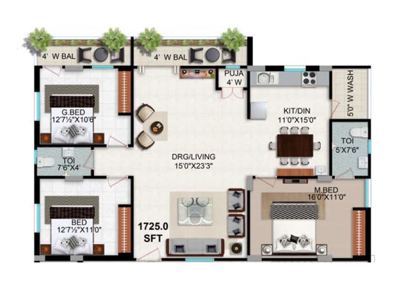 Floor plan of 3 BHK 1725 Sq. Ft. Apartment in Goldstone Maple Homes Jasmine, Hyderabad