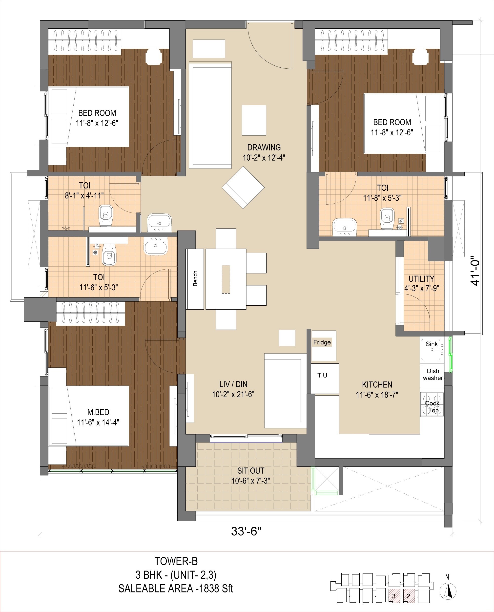Floor plan of 3 BHK 1838 Sq. Ft. Apartment in Golf Edge, Hyderabad