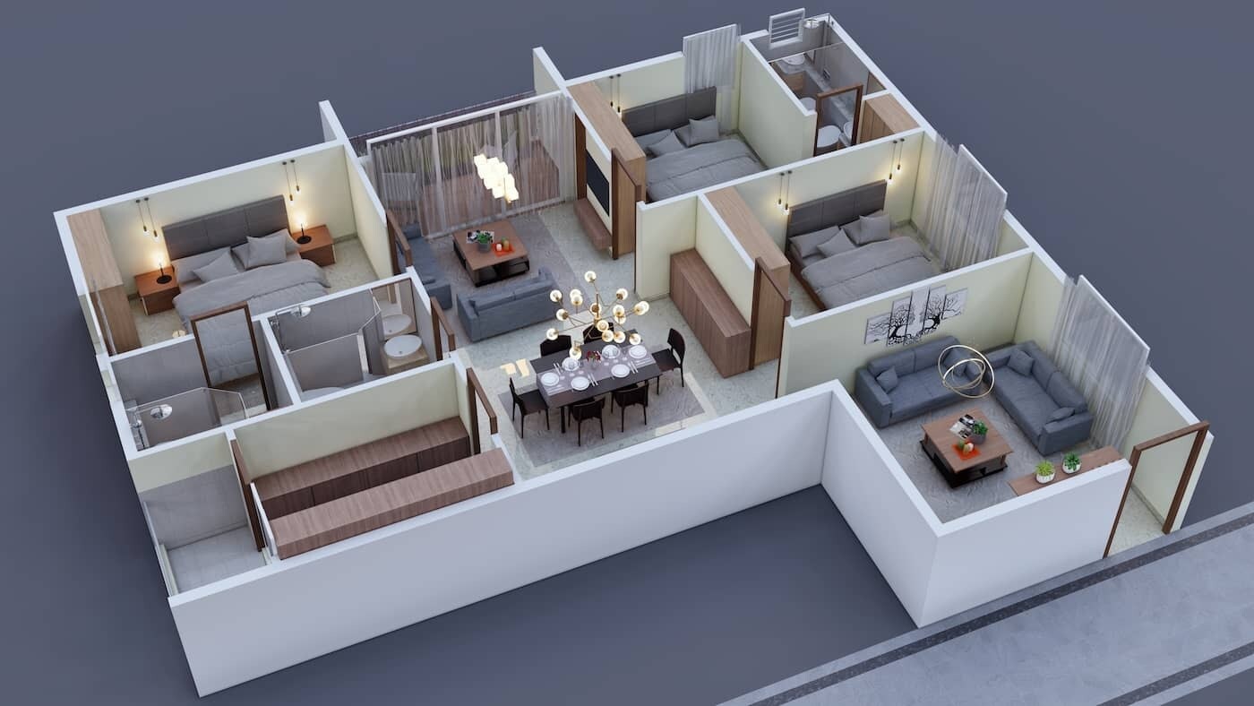 Floor plan of 3 BHK 1355 Sq. Ft. Apartment in Good Time Shreevatsavam, Hyderabad